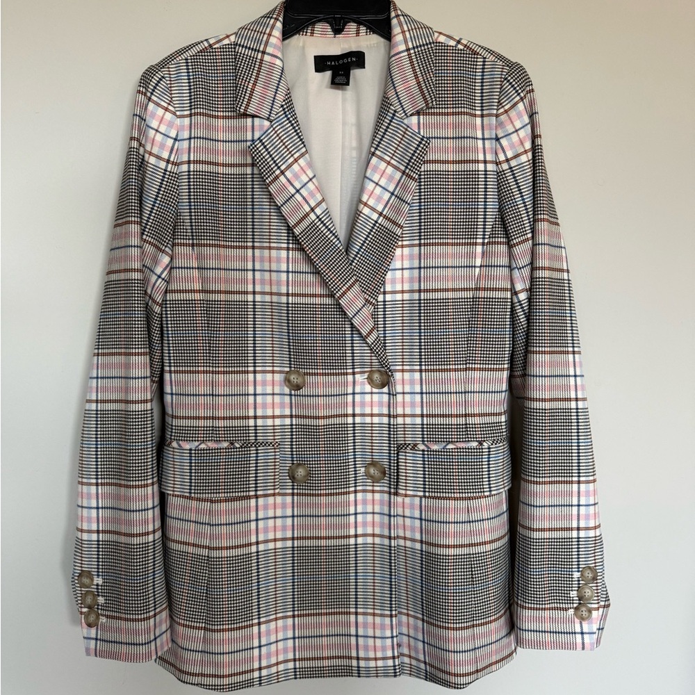Halogen Checkered Double-Breasted Blazer in Black, White, and Pink